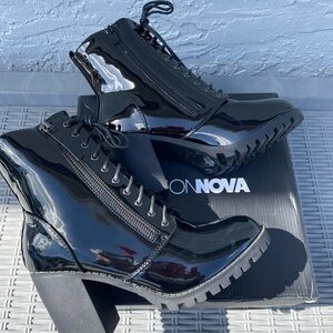 Patent Black Heeled Combat Boots